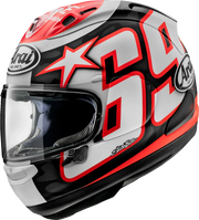 Arai motorcycle helmet with red, white, and black graphics, featuring star and number design, clear visor