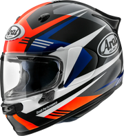 Arai Drudi Performance motorcycle helmet with bold red, blue, and white graphics and clear visor