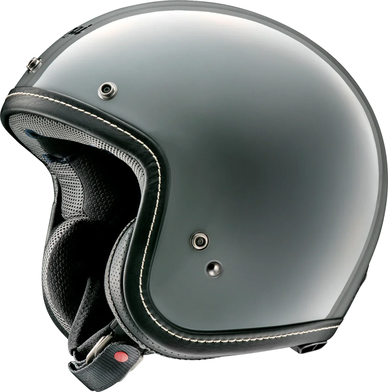 Matte gray open-face motorcycle helmet with black leather trim and white stitching