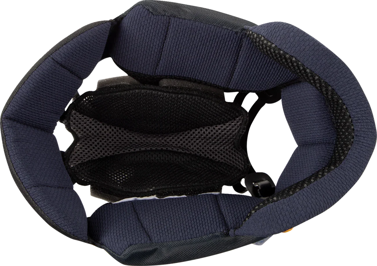 Interior view of motorcycle helmet with navy padding and black mesh lining for comfort and ventilation