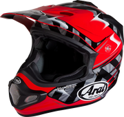 Red and black Arai motocross helmet with checkered graphics and Max Design branding