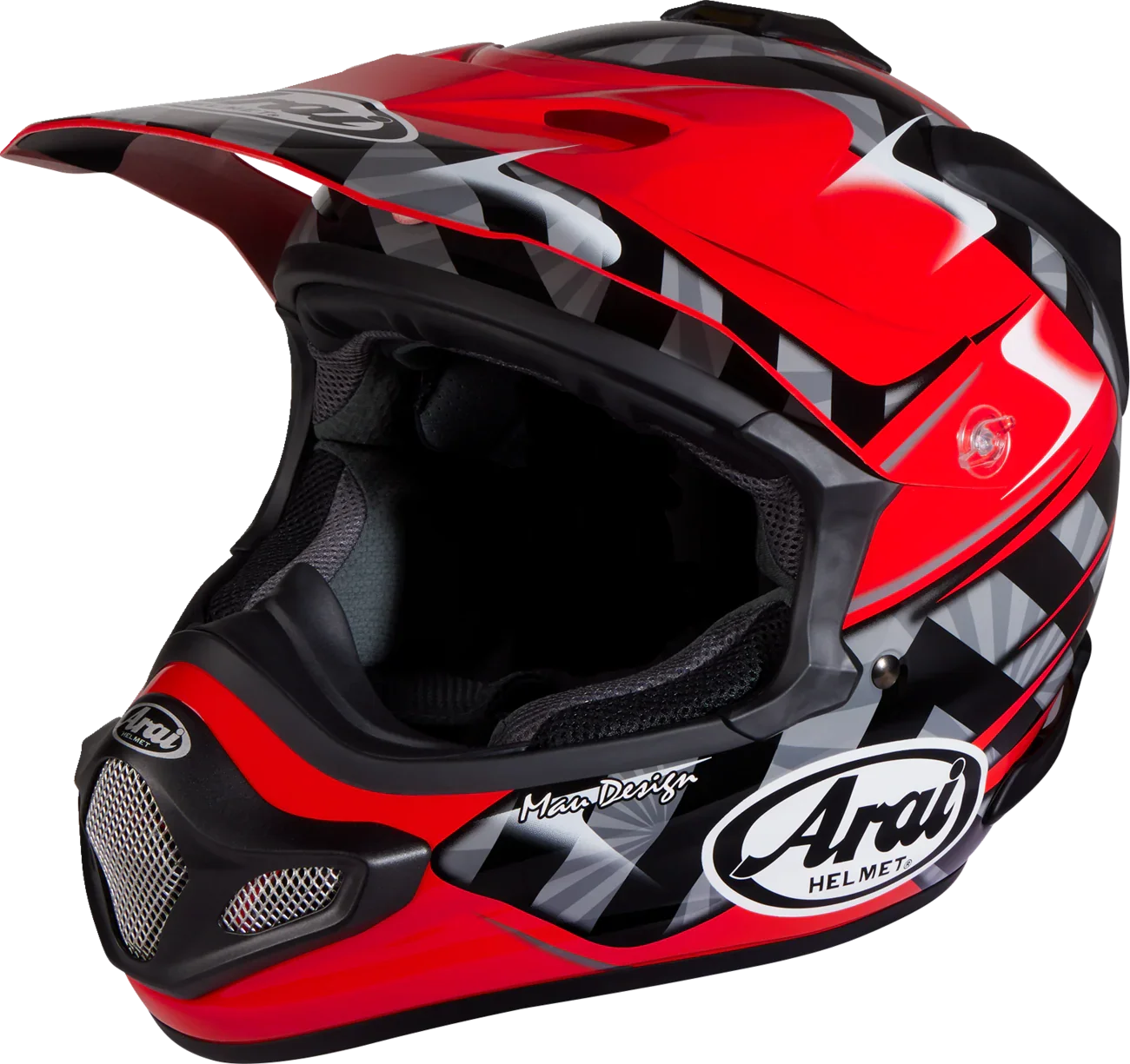 Red and black Arai motocross helmet with checkered graphics and Max Design branding