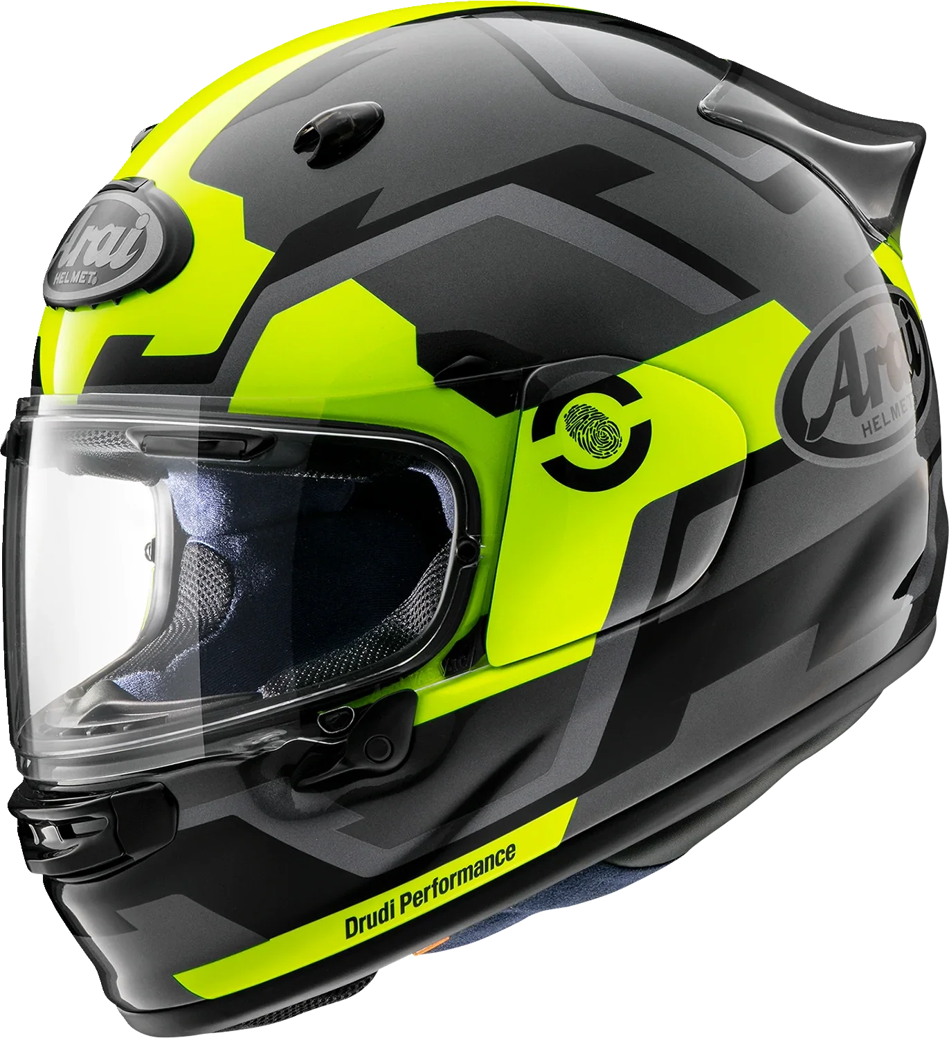 Arai Drudi Performance motorcycle helmet in black and neon yellow with clear visor