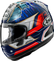 Arai full-face motorcycle helmet with blue, red, and white graphics, clear visor, and Starline design