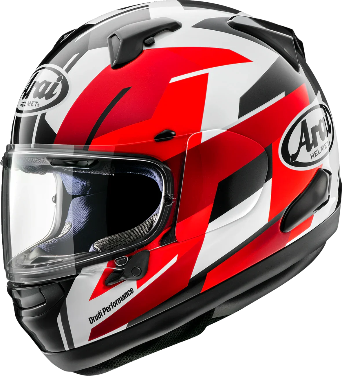 Arai Drudi Performance motorcycle helmet with red, white, and black graphics and clear visor