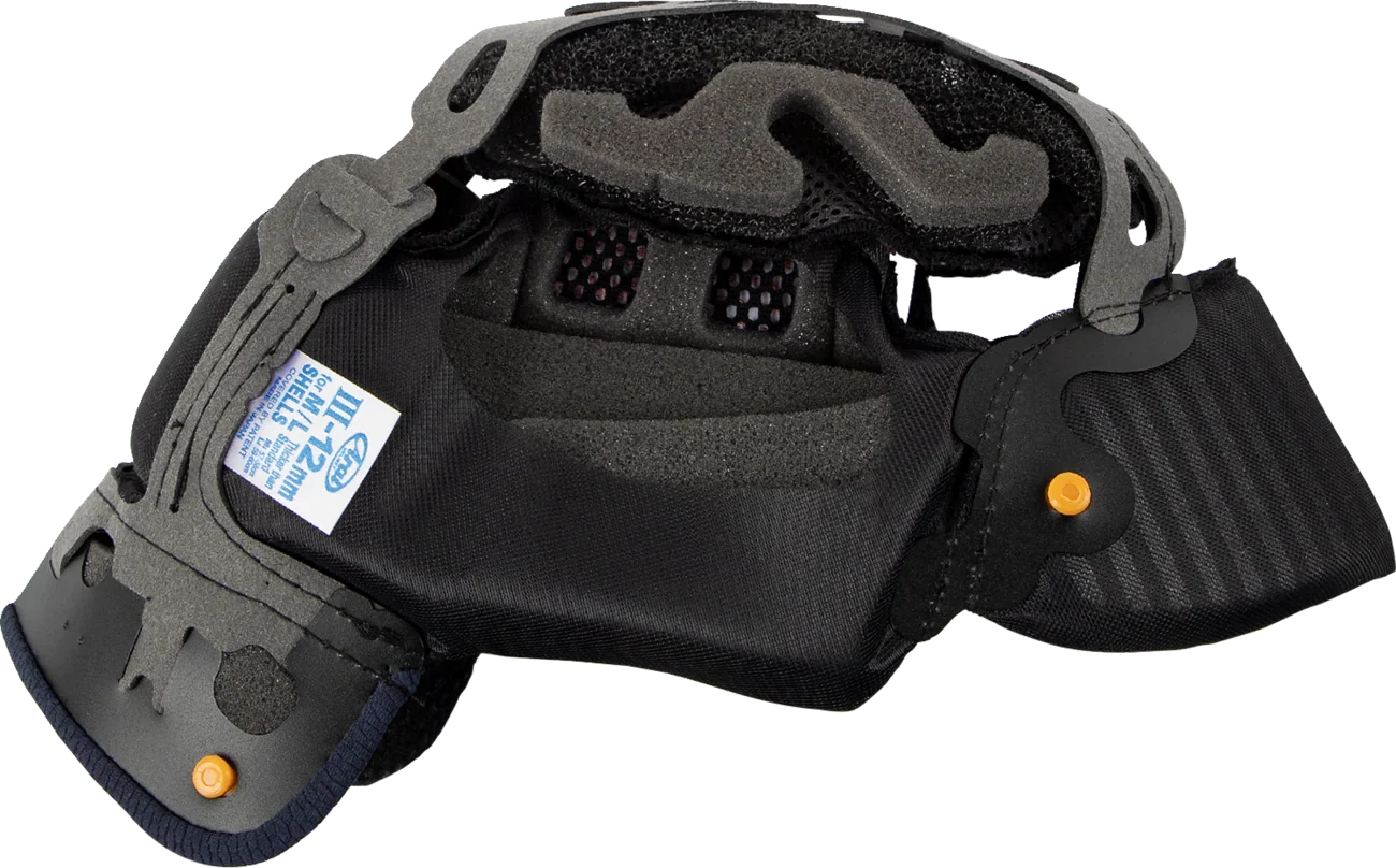 Black motorcycle helmet interior with foam padding, ventilation, and III-12mm shell label for safety gear