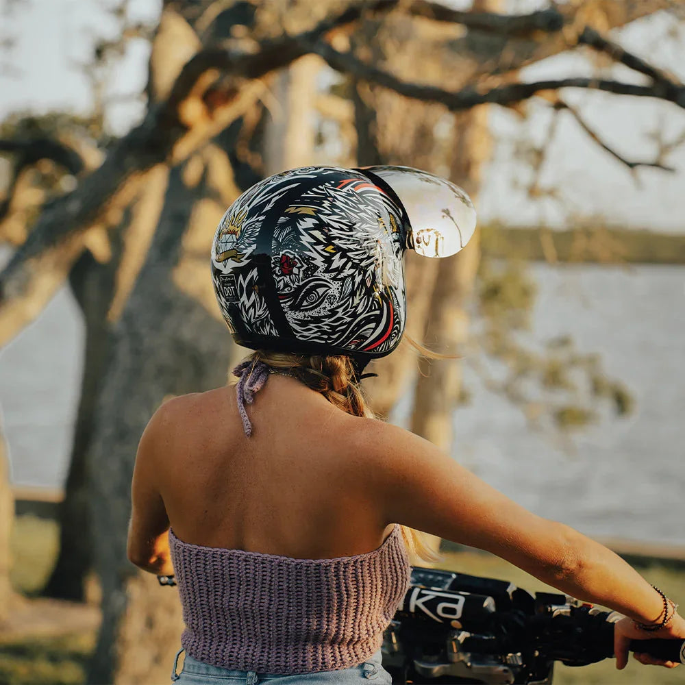 Daytona Helmets DOT Approved Daytona Cruiser Open Face Motorcycle Helmet - Men, Women & Youth - With Visor & Graphics - W/ Tribal