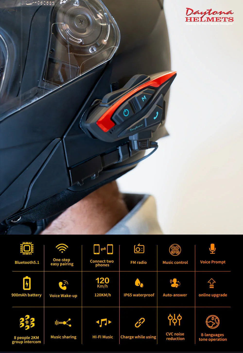 Daytona Helmets Motorcycle Bluetooth Headset - Motorcycle Communication System For All Types of Helmets - 1