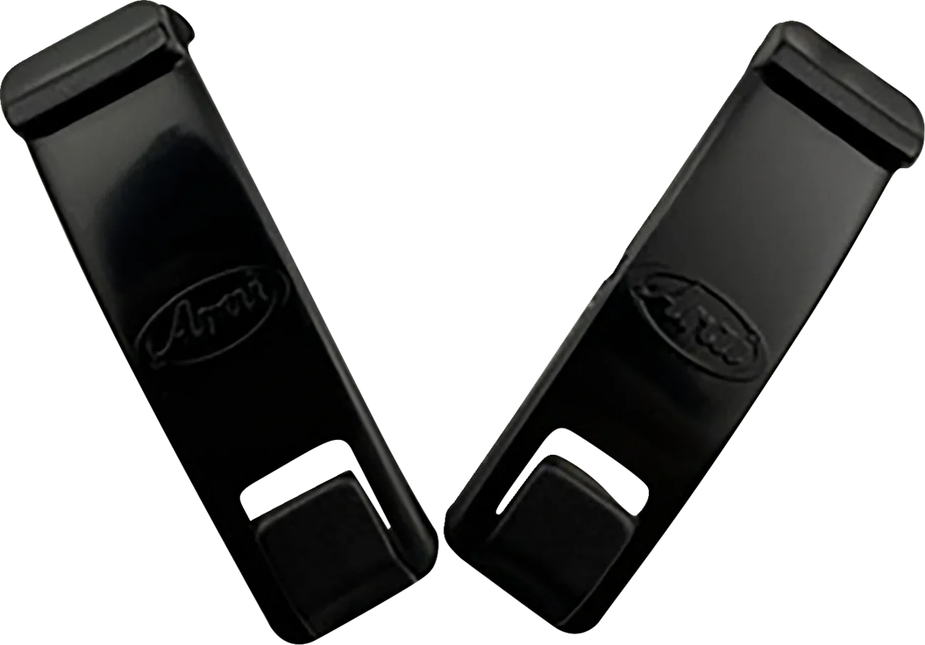 Black Arai helmet visor clips for secure shield attachment