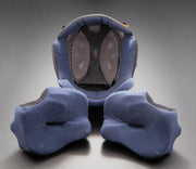 Blue motorcycle helmet interior with removable padding and mesh lining for comfort and ventilation