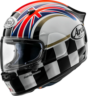 Arai motorcycle helmet with Union Jack and checkered flag design, Drudi Performance graphics