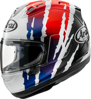 Arai full-face motorcycle helmet with red, white, and blue graphic design and clear visor