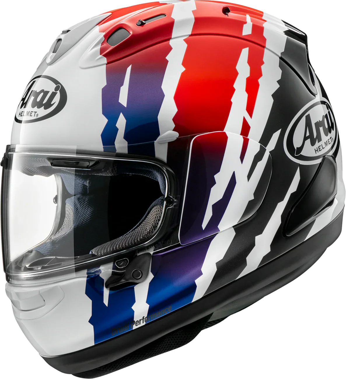 Arai full-face motorcycle helmet with red, white, and blue graphic design and clear visor