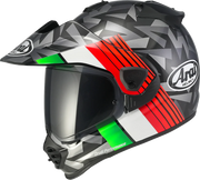 Arai motorcycle helmet with Italian flag design, geometric pattern, and Drudi Performance branding