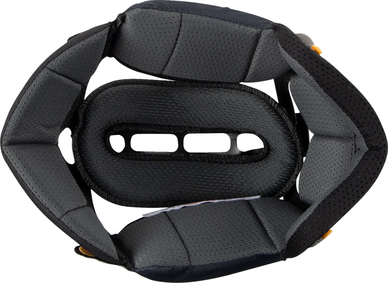 Black motorcycle helmet interior padding with breathable mesh and adjustable straps for comfort and fit