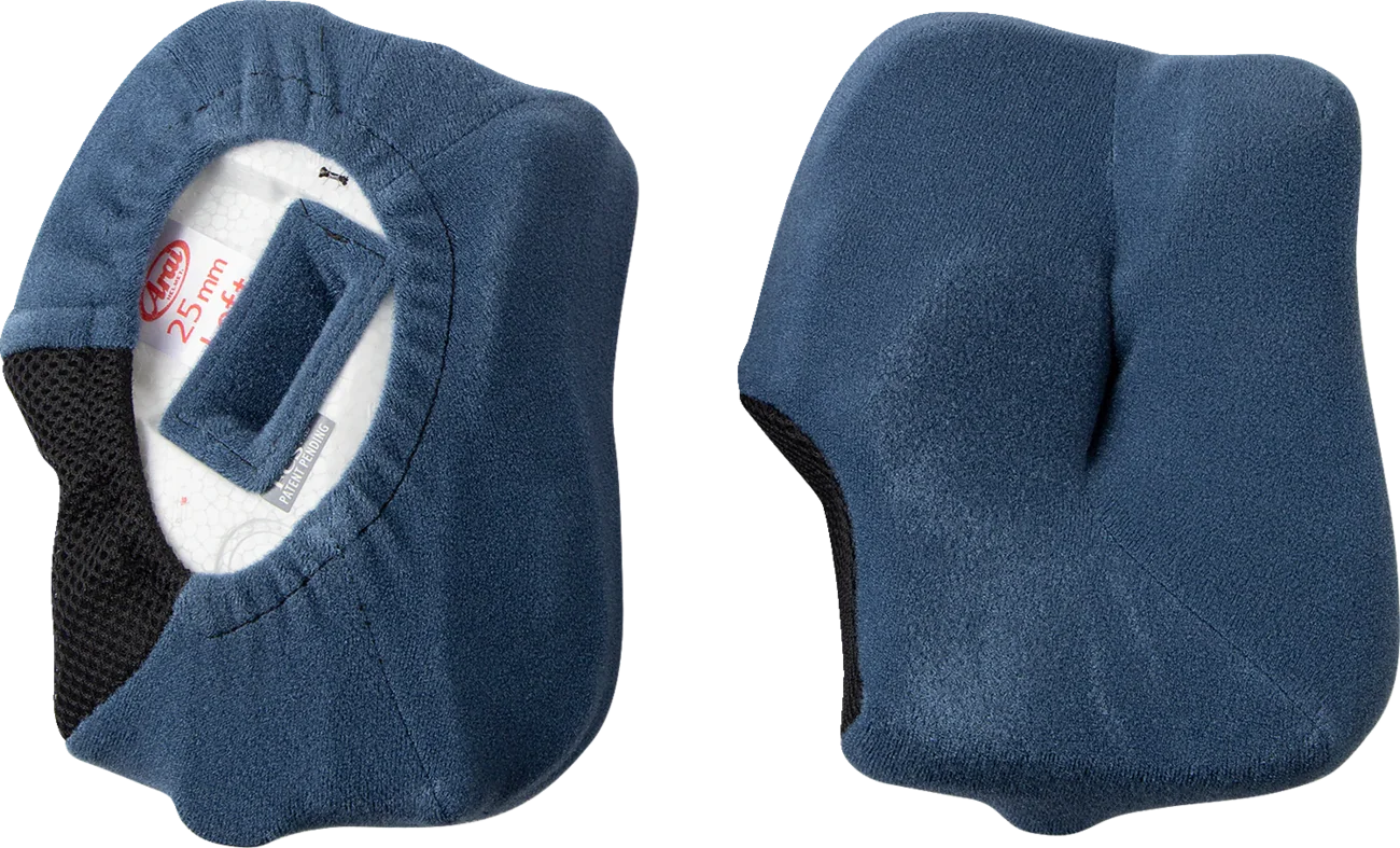 Arai 25mm motorcycle helmet cheek pads, blue plush with black mesh, for comfort and fit