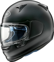 Matte black Arai full-face motorcycle helmet with clear visor and blue interior padding