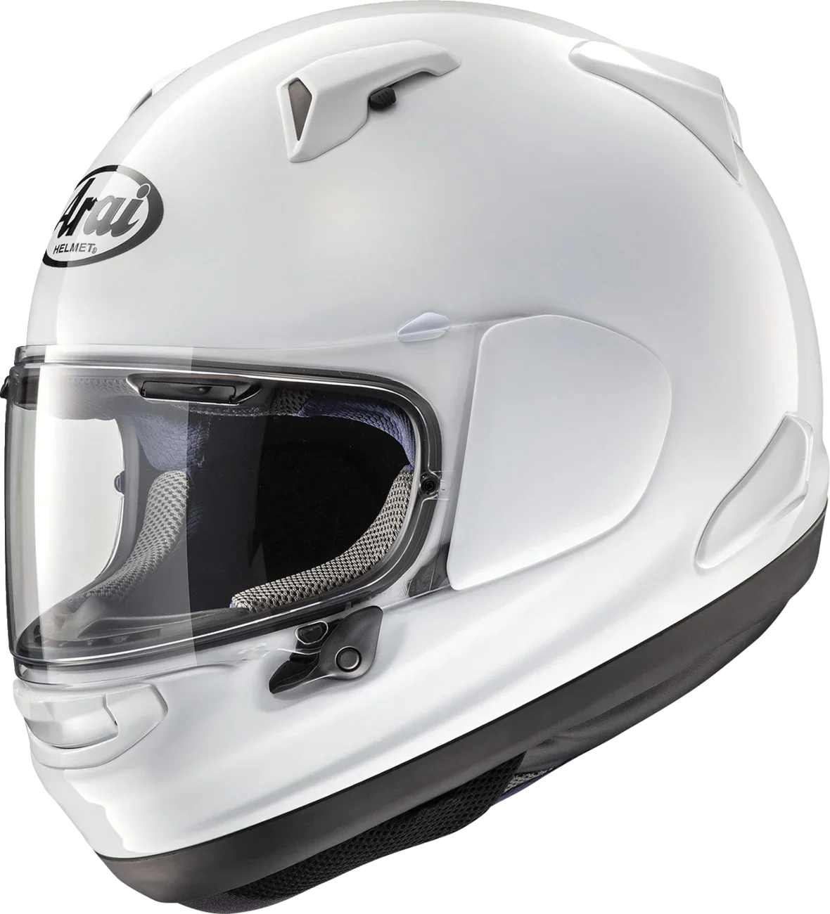 White Arai full-face motorcycle helmet with clear visor and ventilation features
