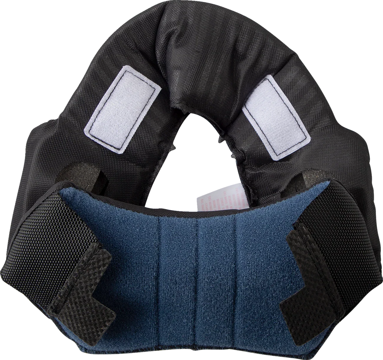 Black and blue motorcycle neck brace with adjustable straps for helmet safety and impact protection