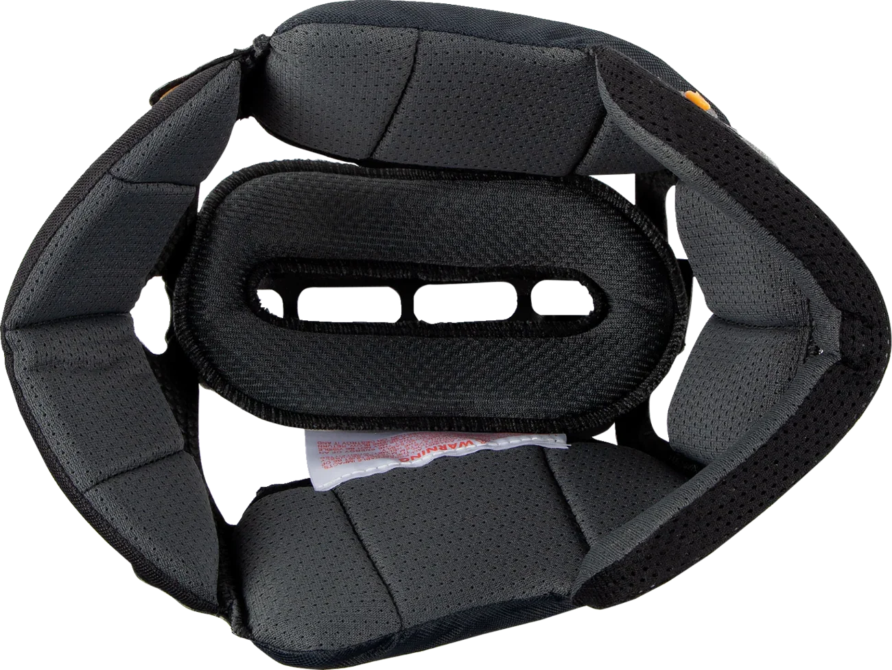 Black motorcycle helmet interior padding with breathable mesh and chin strap