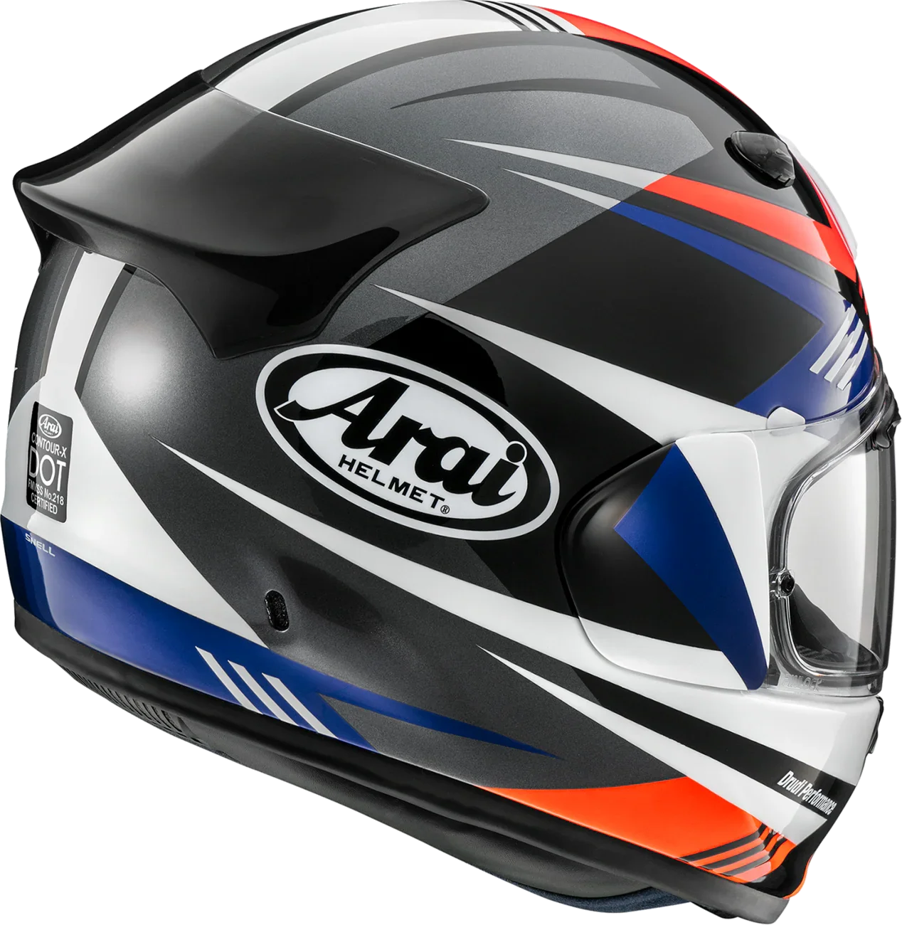 Arai full-face motorcycle helmet with black, white, blue, and red graphics, DOT certified