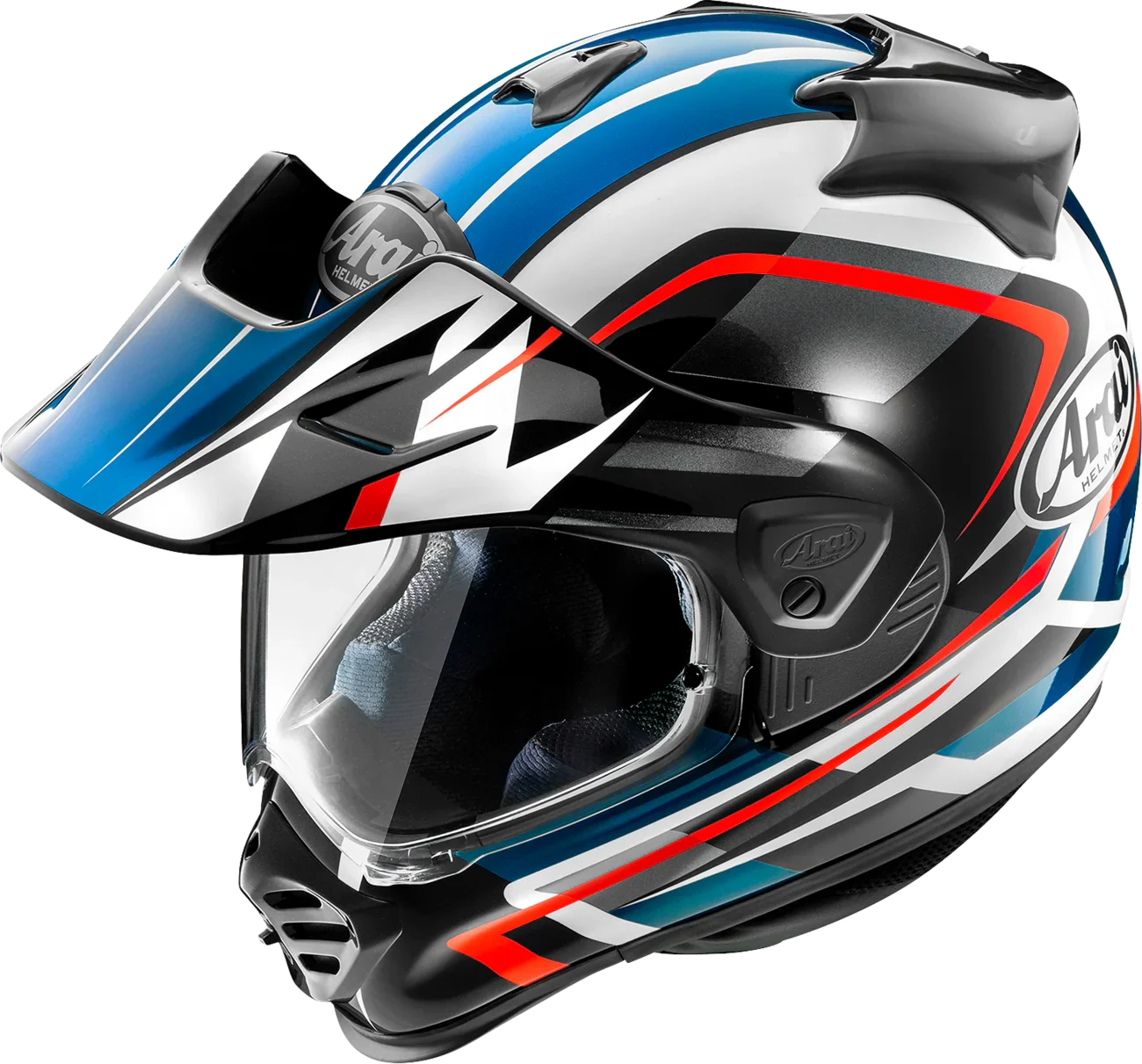 Arai motorcycle helmet with blue, white, and red graphics, clear visor, and peak for off-road riding