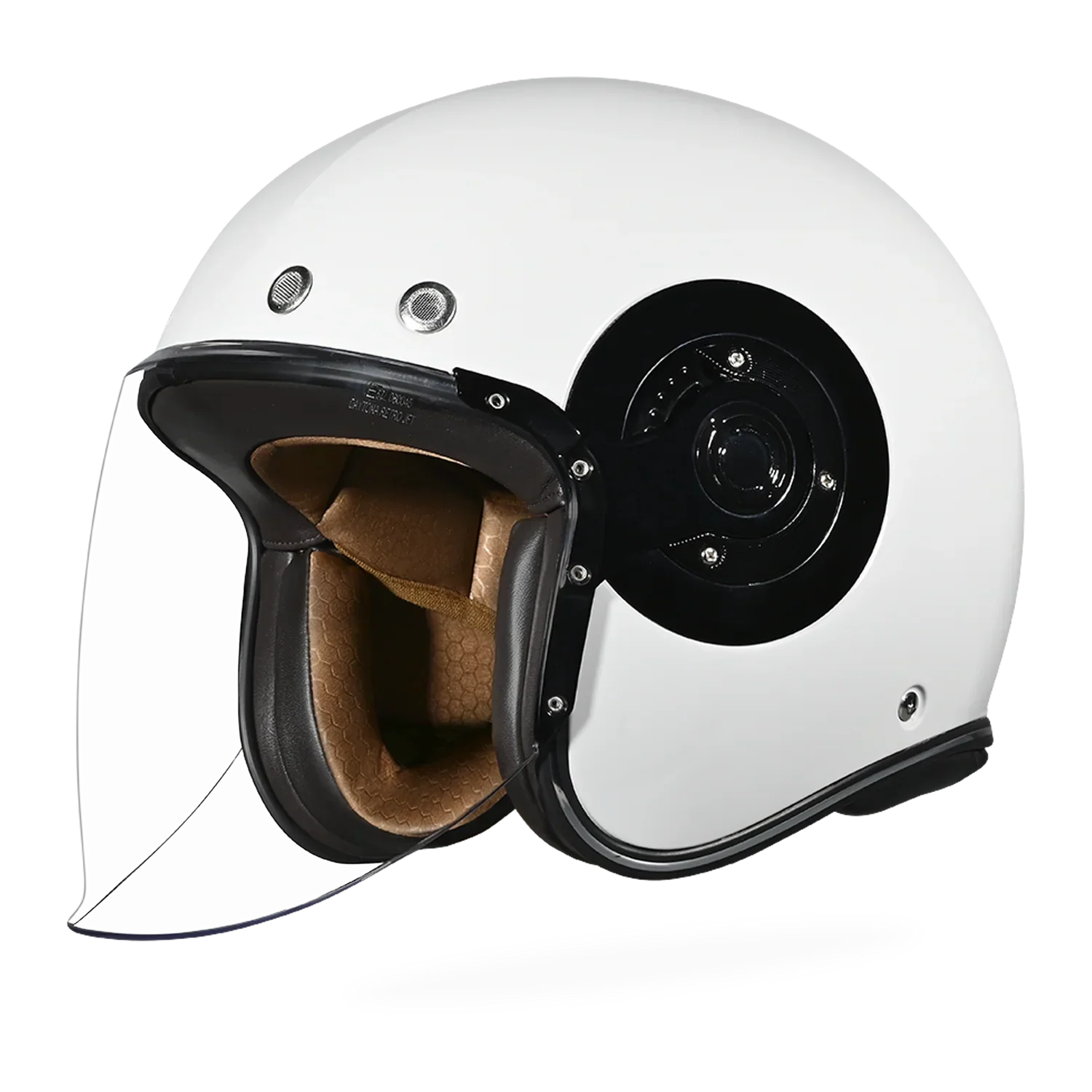 Daytona Helmets Retro Jet White motorcycle helmet with visor open on a white background