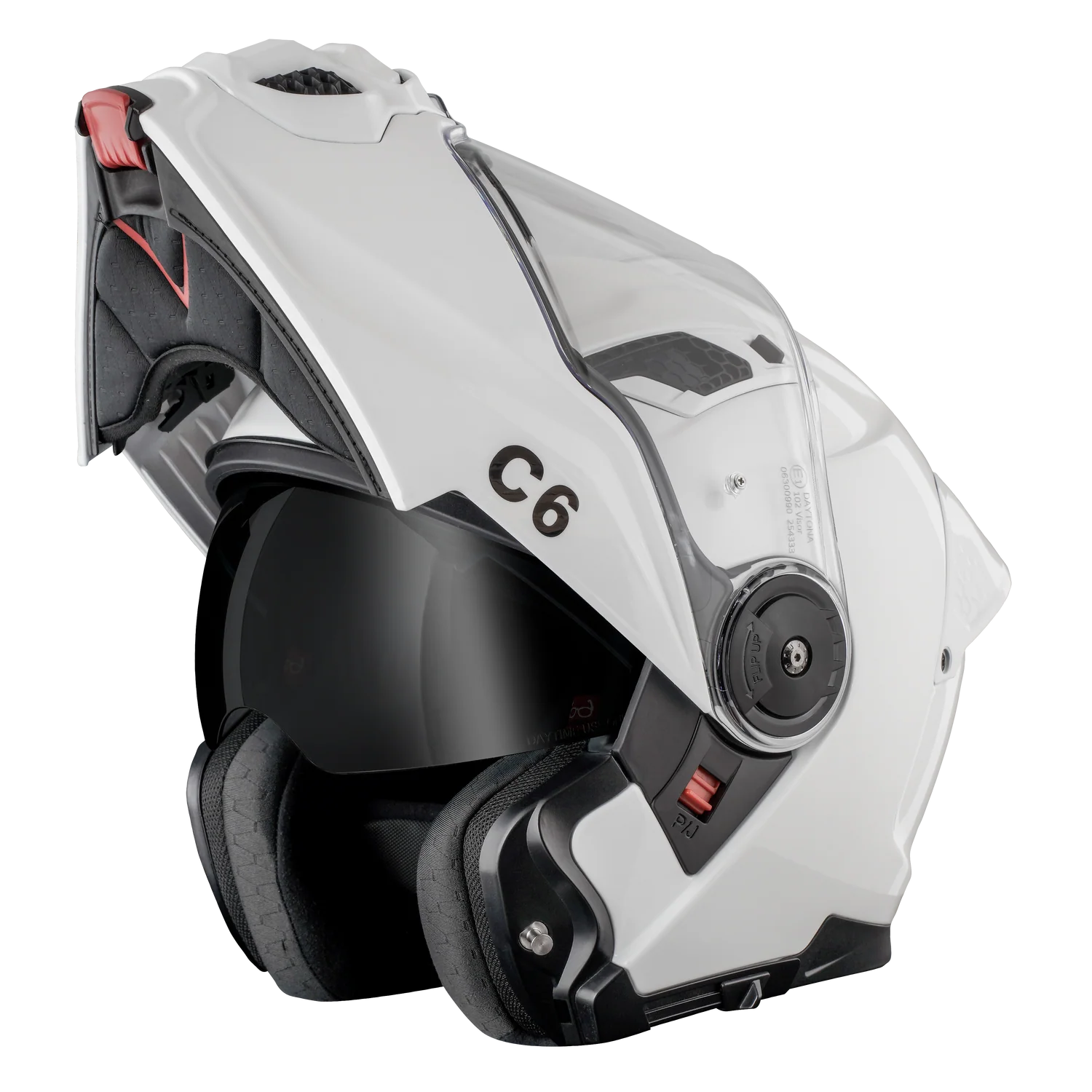 Daytona Helmets c6 White and black motorcycle helmet with clear visor on a white background