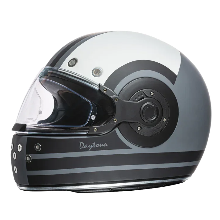 Gray and white Daytona Retro motorcycle helmet with 'Daytona' branding on a white background