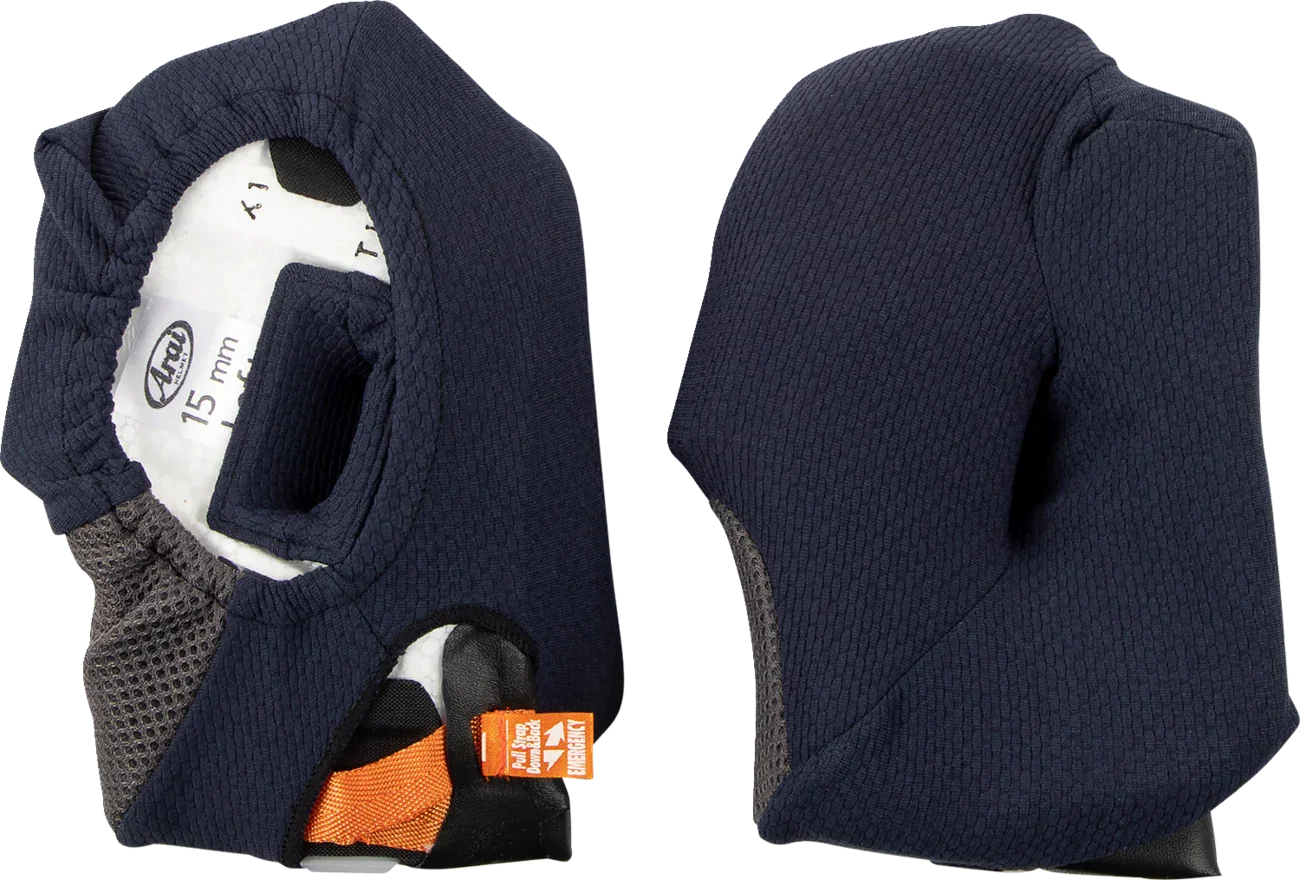 Arai 15mm motorcycle helmet comfort liner with emergency pull tab, navy blue textured padding
