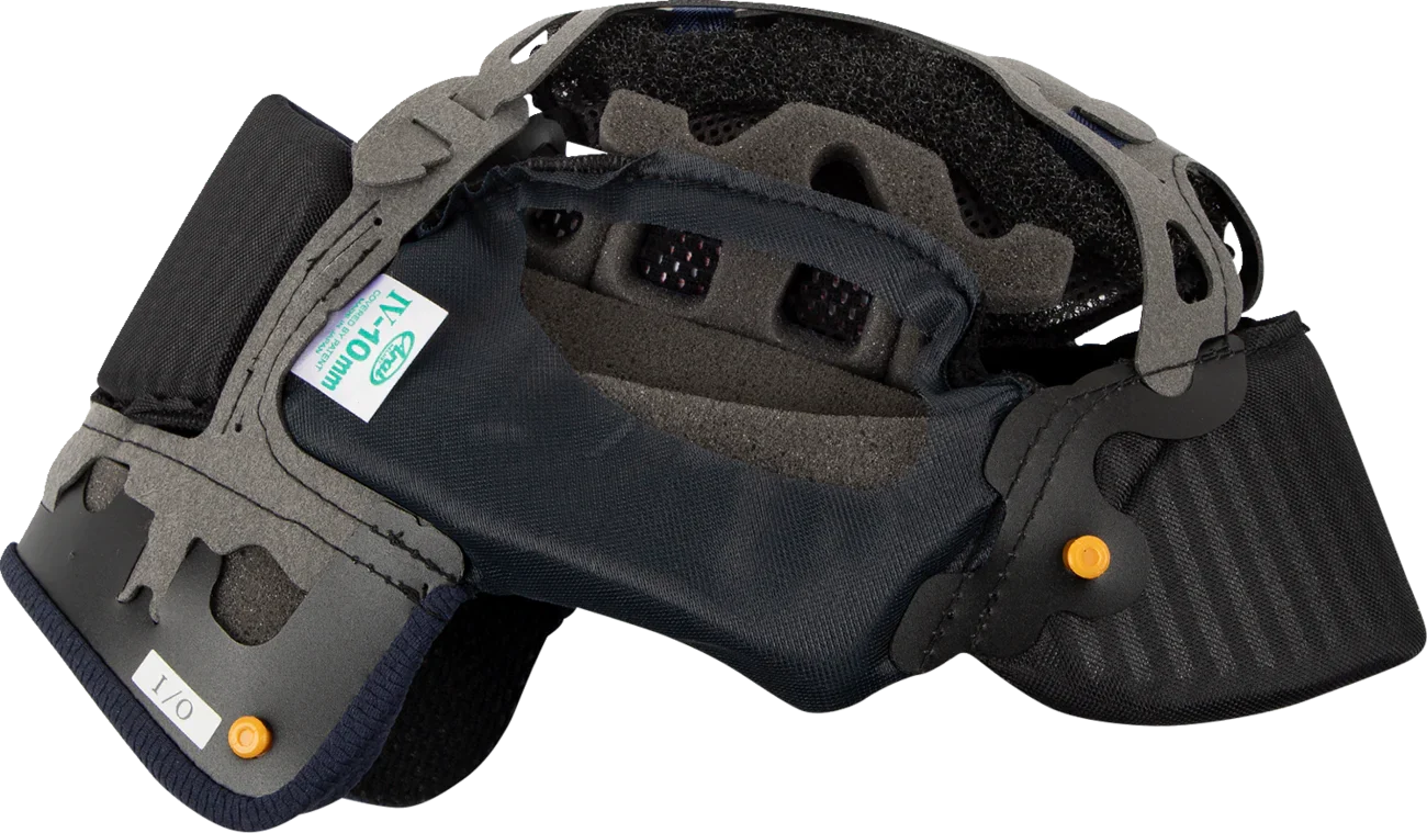 Motorcycle helmet interior with IV-10mm padding, adjustable straps, and ventilation slots for comfort and safety.