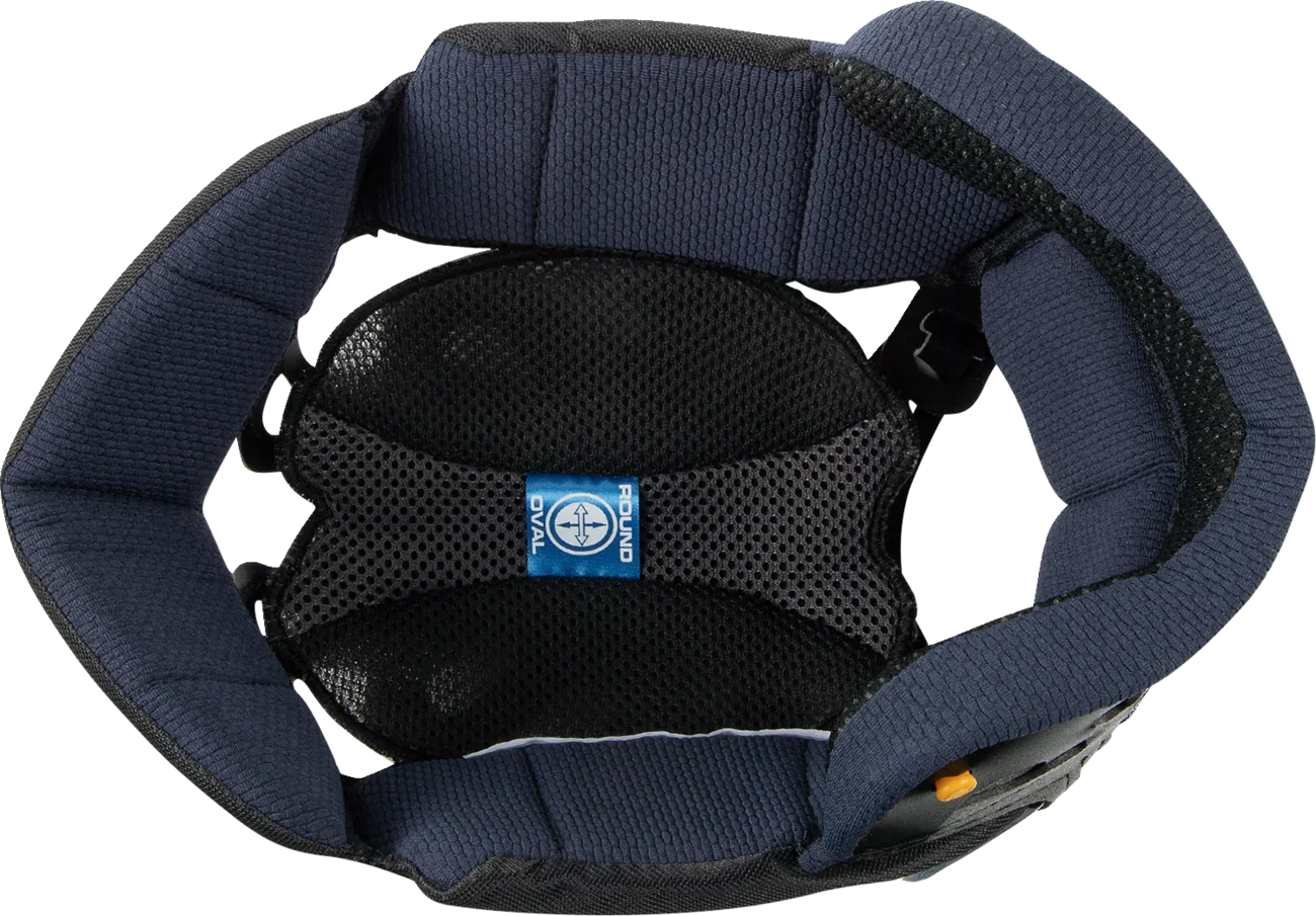 Oval Round motorcycle helmet interior with navy padding and breathable mesh lining for comfort and safety