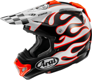Arai MRD motocross helmet with flame graphics, checkered visor, and orange accents for off-road riding