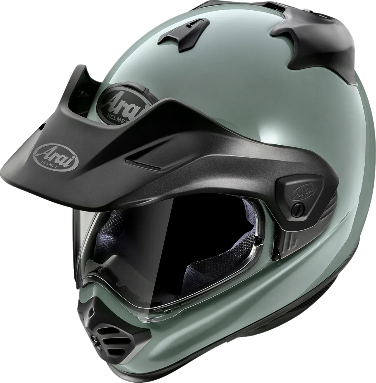 Arai off-road motorcycle helmet in matte green with black visor and chin guard, featuring protective gear design