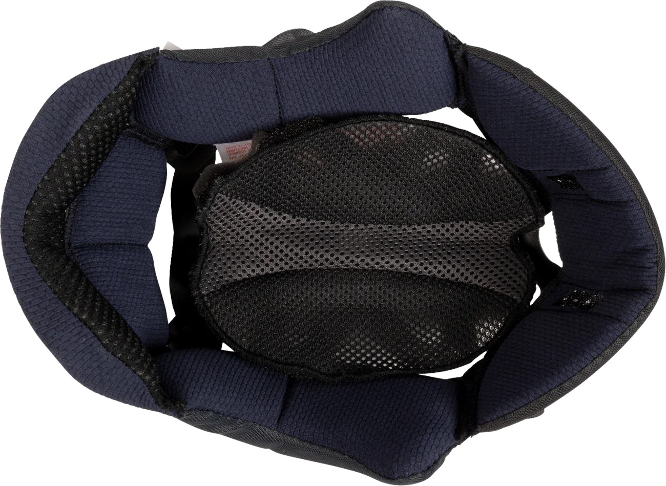 Interior view of motorcycle helmet with navy padding and breathable mesh lining for comfort and safety