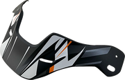 Black motorcycle helmet visor with white and orange graphics, designed for protective gear