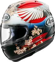 Arai full-face motorcycle helmet with cherry blossom and wing graphics, YF Design artwork