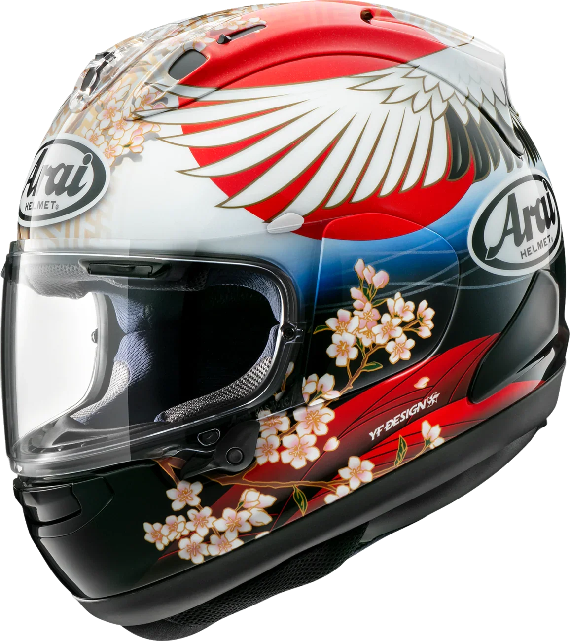 Arai full-face motorcycle helmet with cherry blossom and wing graphics, YF Design artwork