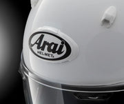 White Arai motorcycle helmet with clear visor and brand logo, premium protective gear for riders
