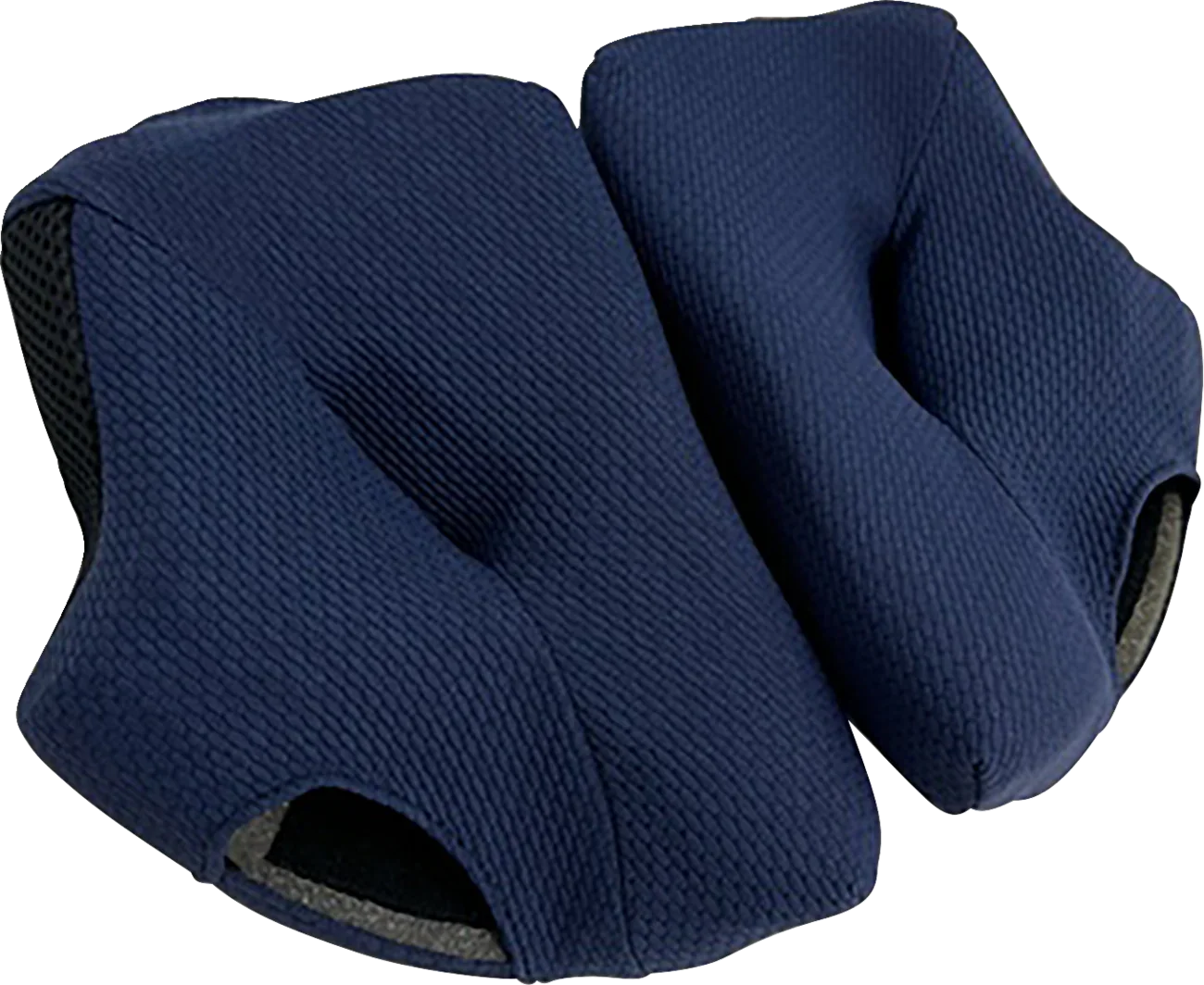 Navy blue motorcycle helmet cheek pads with textured fabric and mesh backing for comfort