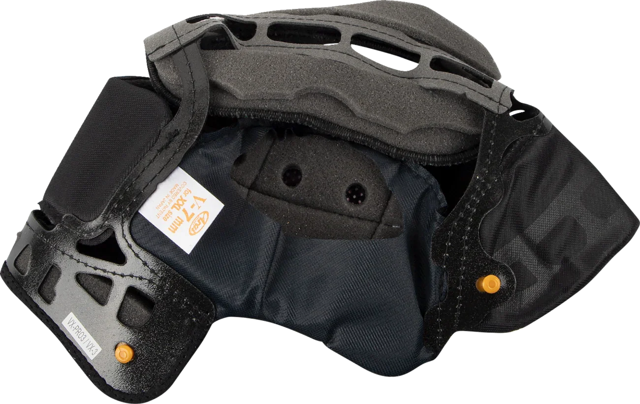 Arai V-7 mm cheek pads for XXL helmet size, black foam with orange fasteners, designed for comfort and fit.