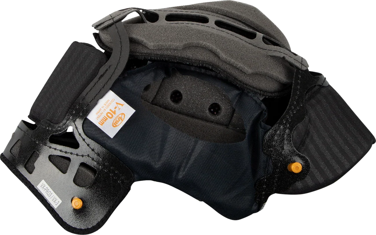 Arai VX-Pro3/VX-3 helmet interior with V-10mm padding, black lining, and orange adjustment knobs