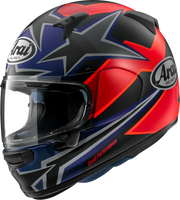 Arai Drudi Performance motorcycle helmet with red, blue, and black star graphics and clear visor