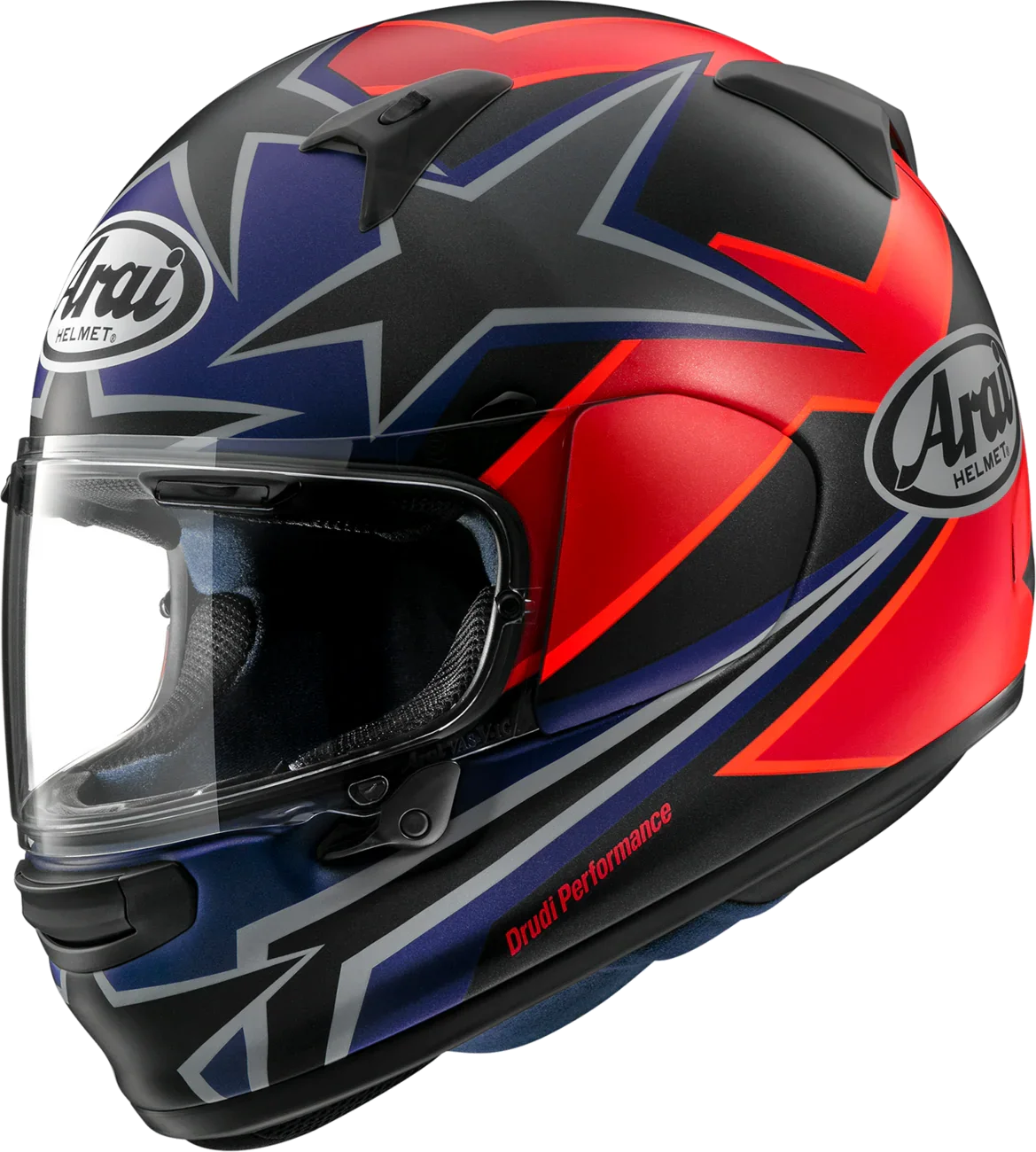 Arai Drudi Performance motorcycle helmet with red, blue, and black star graphics and clear visor