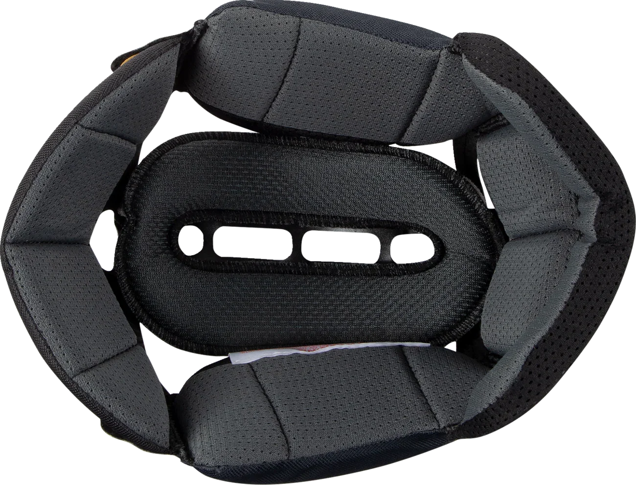 Black motorcycle helmet interior padding with breathable mesh and ventilation slots for comfort and safety