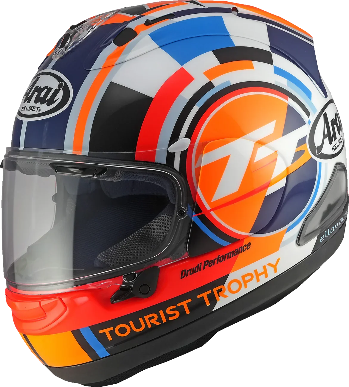 Arai Tourist Trophy motorcycle helmet with bold orange, blue, and white graphics, clear visor, and Drudi Performance branding