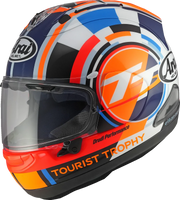 Arai Tourist Trophy motorcycle helmet with bold orange, blue, and white graphics, clear visor, and Drudi Performance branding