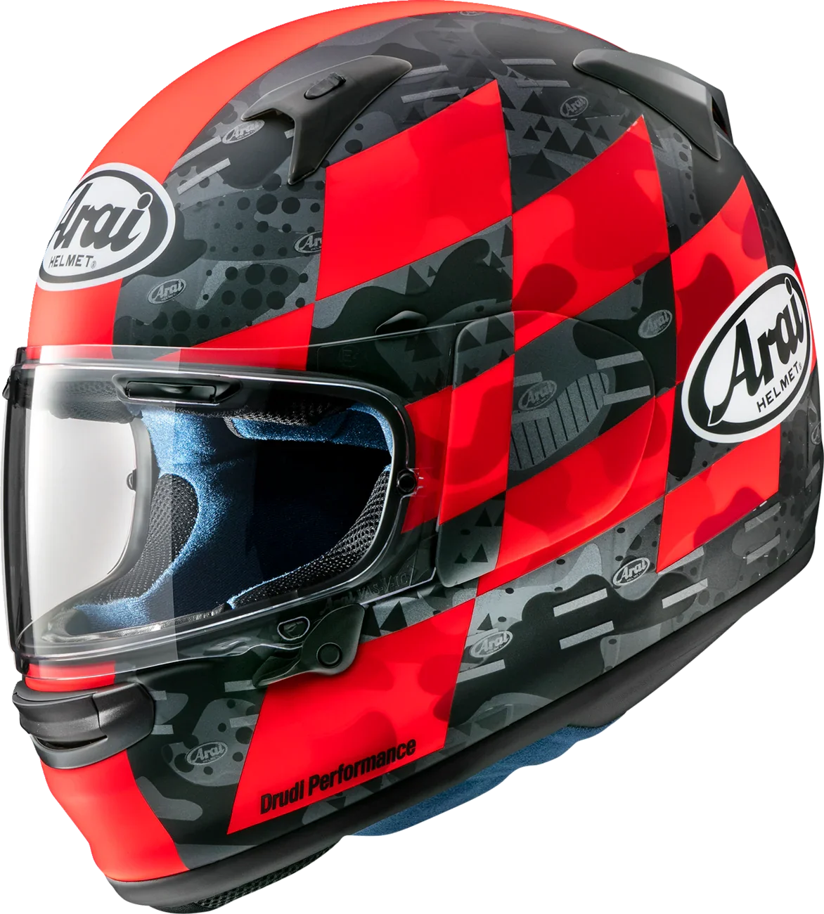 Arai Drudi Performance motorcycle helmet with red and black geometric design, clear visor, and blue interior lining.