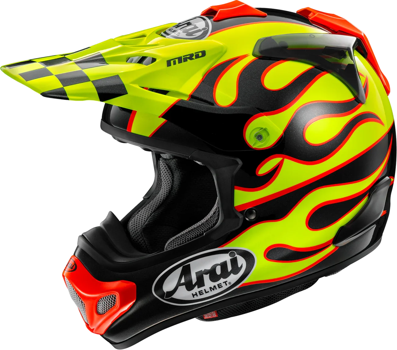 Arai MRD motocross helmet with neon yellow flames, black checkered visor, and red accents for off-road riding