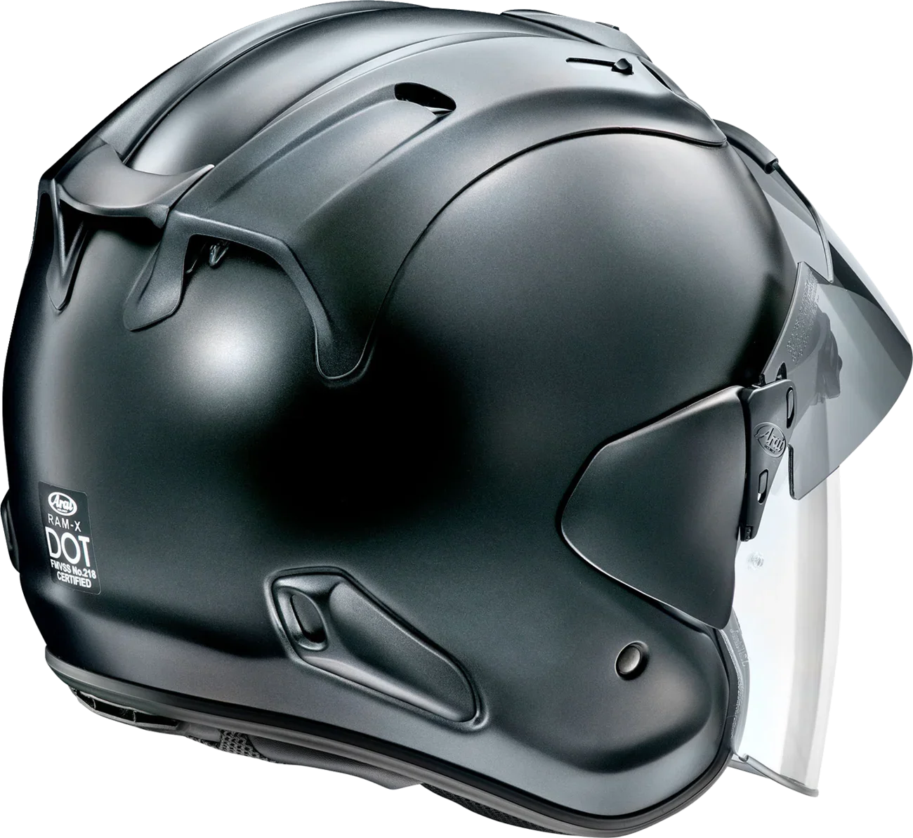 Matte black Arai RAM-X motorcycle helmet with DOT certification and clear visor, premium protective gear